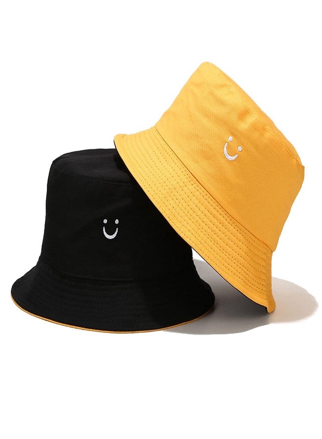 Umeepar Reversible Embroidered Smile Face Bucket Hat 2 in 1 Packable Foldable Beach Sun Hat for Women Men (US, Alpha, Medium, Yellow/Black) - Image 1